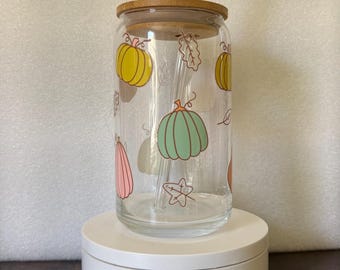 Fall Pumpkin Glass Can | 16oz Iced Coffee Cup with Bamboo Lid & Straw | Autumn Tumbler | Reusable Pumpkin Spice Glass