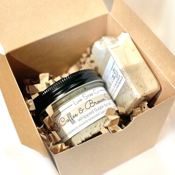 Coffee Lover Gift Box Set - Vanilla Latte Soap Bar - Coffee Grounds Sugar Scrub - Organic - Natural - Spa Gift Box - Self Care Gift Set