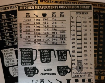 Magnétique - Tableau de conversion pour la cuisine en argent/noir - Aimant pour réfrigérateur (4 x 6 po. ou 3 po. x 5 po.) *Haute qualité - Gravure laser à 1 200 ppp* *Forte tenue*