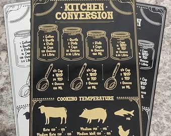 Magnetic - Kitchen conversion and temperature chart in Black/Gold - Magnet (3"x5" or 4"x6") **High quality - Laser engraved @ 1200dpi**