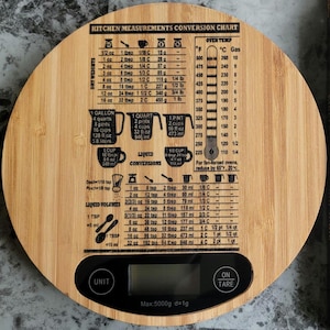 Puede incluir: Una báscula de cocina redonda de madera con una pantalla digital negra y una tabla de conversión impresa para ingredientes secos y líquidos. La tabla incluye medidas en onzas, tazas, cucharadas, cucharaditas, mililitros y gramos. La báscula tiene una capacidad máxima de 5 kg con un incremento de 1 gramo.