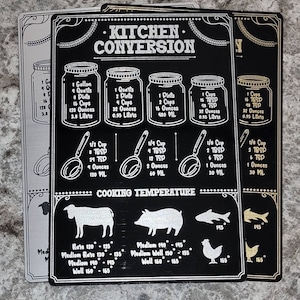 Magnetic - Kitchen conversion and temperature chart in Black/Silver - Magnet (3&quot;x5&quot; or 4&quot;x6&quot;) **High quality - Laser engraved @ 1200dpi**