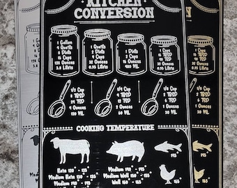 Magnetic - Kitchen conversion and temperature chart in Black/Silver - Magnet (3"x5" or 4"x6") **High quality - Laser engraved @ 1200dpi**