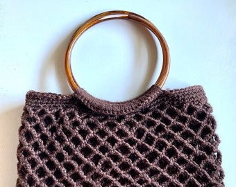 Vintage Crocheted Brown Yarn Handbag Plastic Ring Handles Handmade