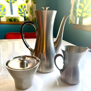 Vintage Pewter Tea Set - Royal Holland Pewter Teapot Sugar Bowl and Creamer MCM Retro Tea