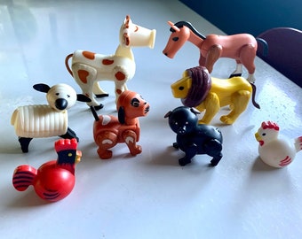 Vintage Fisher Price Little People Farm Animals Horse Cow Lion Sheep Pig Dog Chicken Rooster 1970s Toys