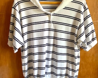 Vintage White and Navy Striped Polo Large Petite Collared Shirt Womens
