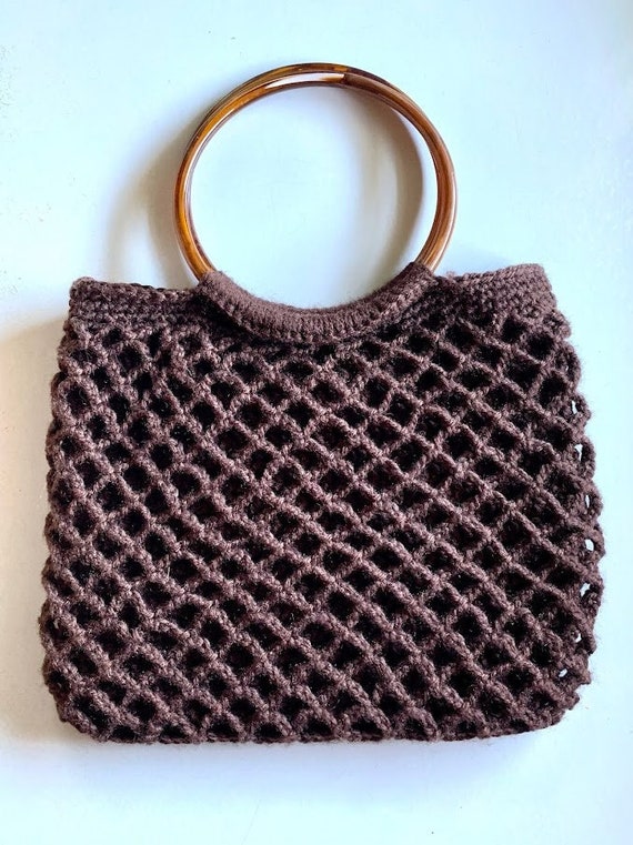 Vintage Crocheted Brown Yarn Handbag Plastic Ring 