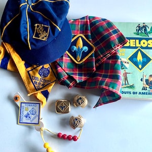 Vintage Boy Scout Item Cubs Scout Hat, Webelos Book, Cub Scout/Webelos Scarf, Webelos/Cub Scout Scarf Clip, Star Pin, Progress Rank Bead
