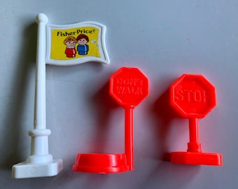 Vintage Fisher Price Stop Sign Walk Sign Flag Little People
