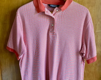 Vintage Lands End Orange Coral White Striped Polo Large Collared Shirt Womens