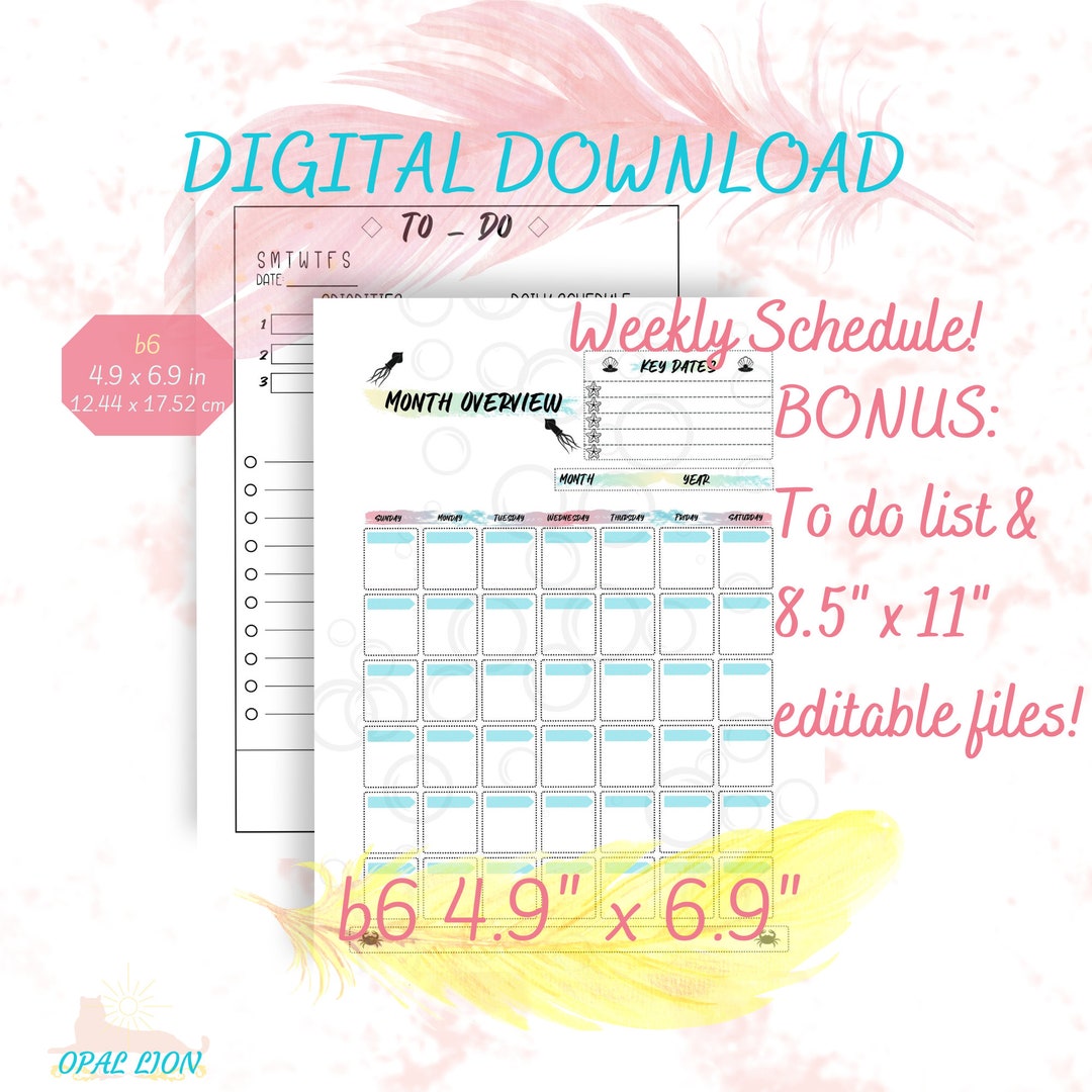 B6 Undated Monthly Printable | B6 Planner Insert | B6 Tn Daily Schedule ...