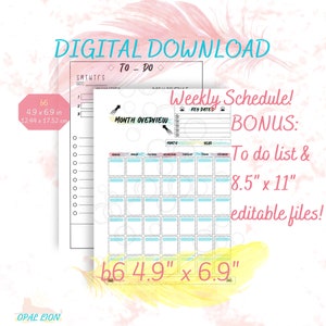 B6 Undated Monthly Printable | B6 Planner Insert | B6 Tn Daily Schedule | Bonus Daily Check List + Simple Schedule Letter Size Editable PDFs