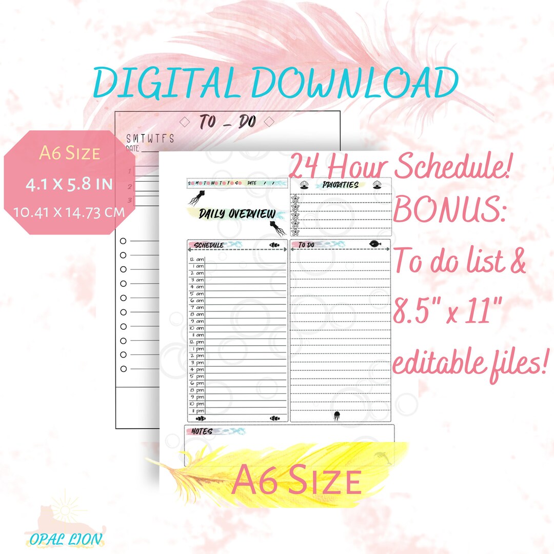 A6 TN Planner Daily Inserts Printable | Hourly Planner Template | 24 Hr ...