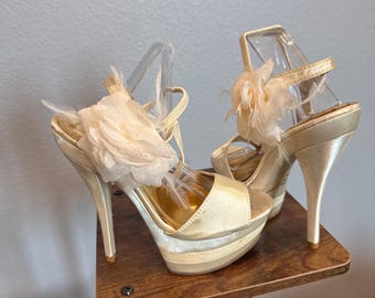Satin Platform Stiletto Heels, Oversized Floral Feather Accent