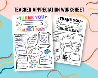 Teacher Appreciation Worksheet, Teacher Gift from Kid, Printable Kids Activity, Thank You Teacher Gifts, Happy Teachers Day, Kids Template