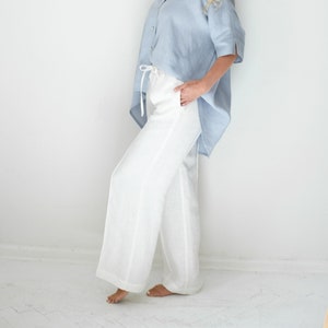 Wide leg linen high waisted drawstring pants for women with pocket in white color