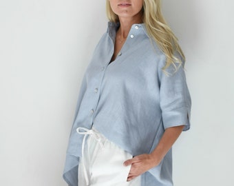 Oversized linen button up shirt for women in white, blue, pink & other colors, loose organic natural linen beach shirt, maternity shirt