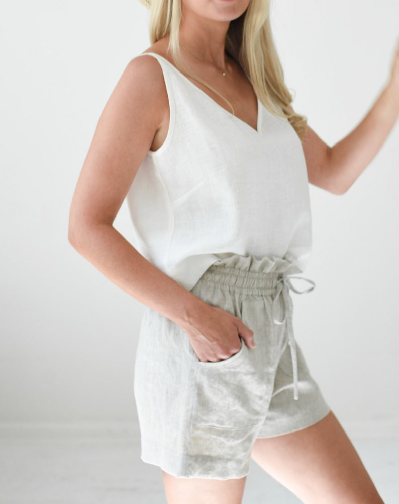 Women's drawstring linen shorts with high elastic waist and pockets for summer