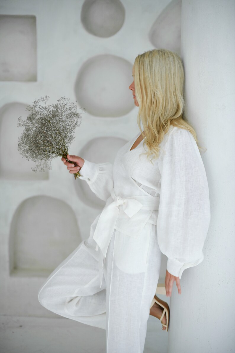 White natural organic 100% linen wrap blouse with long puff sleeves, V-neck and bow