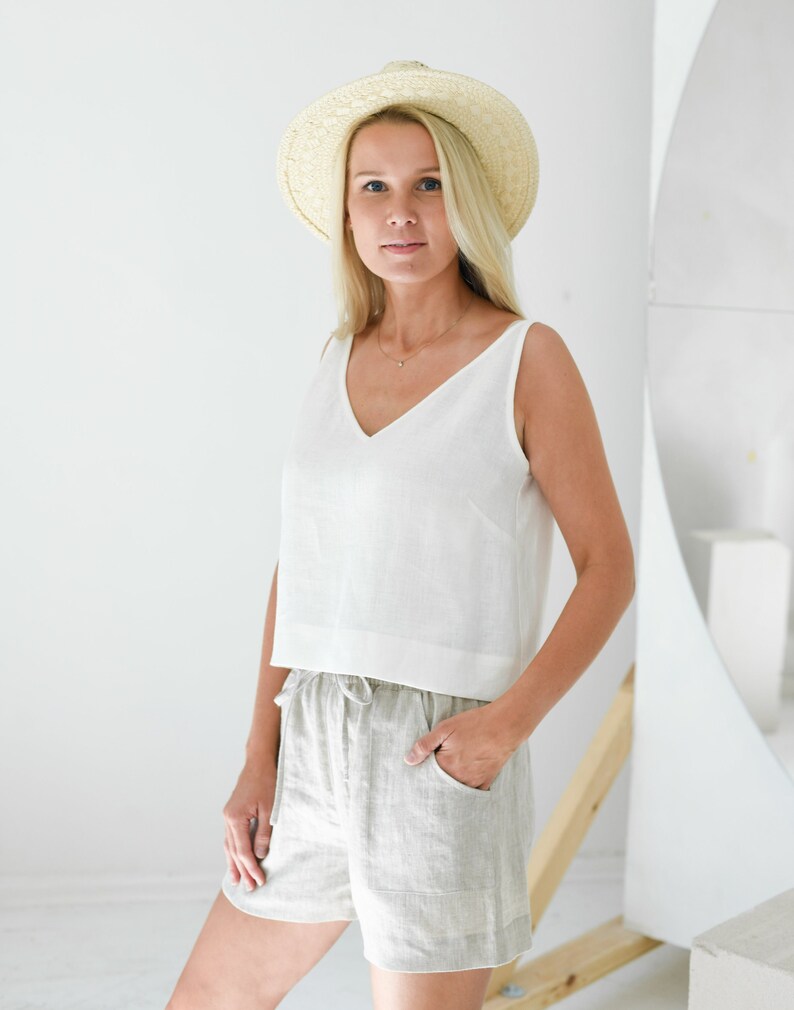 Women's drawstring linen shorts with high elastic waist and pockets for summer