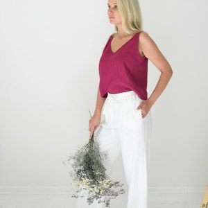 Wide leg linen high waisted drawstring pants for women with pocket in white color