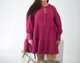 Linen mini dress with long puffy sleeves in cyclamen or other color, linen belted dress for women, natural 100% linen maternity dress