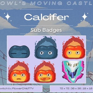 May include: A collection of six animated character badges featuring Calcifer from the movie Howl's Moving Castle. The badges are in various sizes, including 72 x 72, 36 x 36, and 18 x 18 pixels. The badges feature Calcifer in different poses and expressions, including a blue and black version, a red and orange version, and a purple and green version.