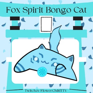 Puede incluir: Un gato de dibujos animados azul con cola de zorro, que lleva una camisa a rayas azul y blanca, jugando con un juguete de espiral azul y blanco. El gato está delante de una puerta torii turquesa con el texto "Fox Spirit Bongo Cat" sobre la puerta. El fondo es azul claro con corazones blancos y azules.