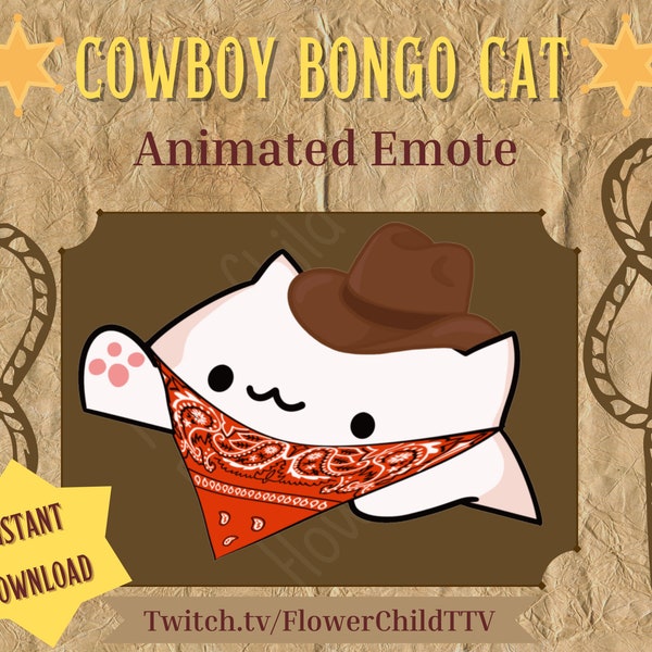 Cowboy Bongo Cat Animated Emote - Twitch | Cute, Chibi, Yeehaw, Cartoon for Streamers