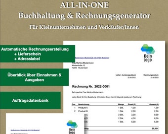 Buchhaltungsvorlage All-In-One EÜR Rechnungsgenerator Excel Kleinunternehmen Rechnungsvorlage Vorlage Invoice