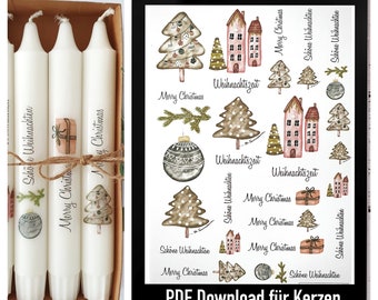 PDF Vorlage für Kerzen &quot; Schöne Weihnachten in Naturtönen&quot;, Kerzensticker als digitaler Download A4