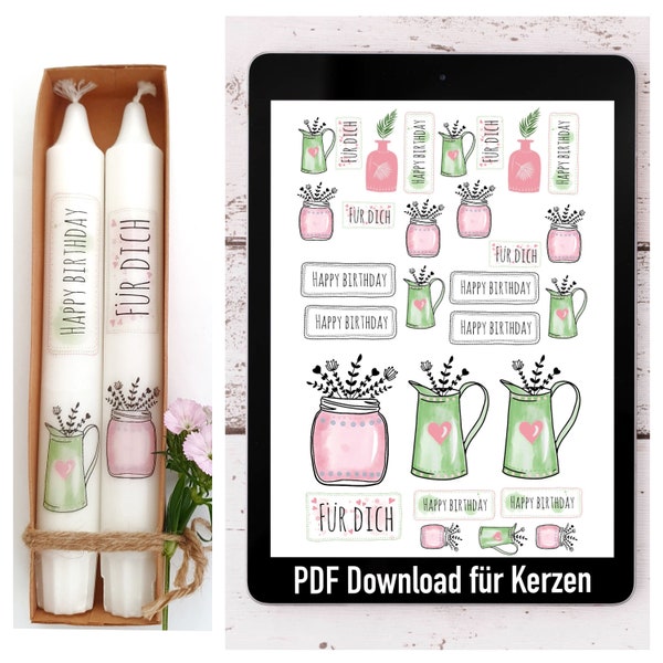 PDF Datei Kerzensticker " Blumenvasen ",Kerzentattoo zum Geburtstag, Wasserschiebefolie,Kerzen verschönern,Geburtstagskerze,A4