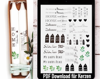 Plantilla PDF de velas con motivos hogareños para tu hogar como descarga digital en formato A4.