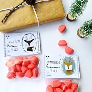 Puede incluir: Una escena festiva navideña con un regalo envuelto, árboles de Navidad en miniatura y bolsas de caramelos rojos. El regalo está envuelto en papel marrón y atado con una cinta blanca. Las bolsas de caramelos tienen una etiqueta con una ilustración de ciervo y el texto "Ein paar kleine Rentiernasen für Dich."