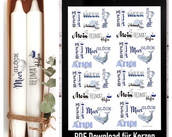 Modello PDF per candele Adesivi per candele "Sea Happiness" con motivi marittimi come download digitale in formato A4