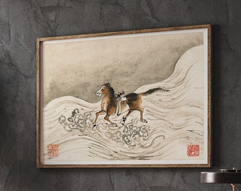 額入り日本の馬の版画、伝統的な日本の木版画、日本の装飾狩野スタイル