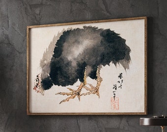Hokusai Chicken Art Print, Vintage Woodblock Animal Decor (Instant Download)