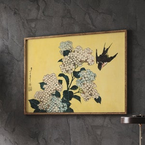 Japanese Woodblock Art, Yellow Flowers, Hydrangea and Swallow, Hokusai Prints, Japanese Decor, Eclectic Wall Decor, Digital Download