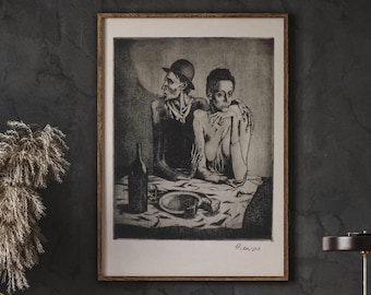 May include: Black and white print of two figures sitting at a table with a bottle and a plate. The print is framed in a wooden frame and hanging on a dark wall.