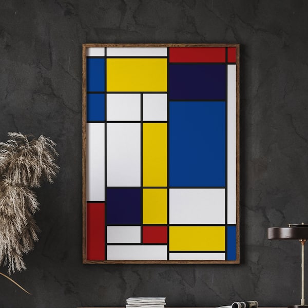 Mondrian Poster, Abstract Wall Decor, Colourful Print, Geometric Print, Fine Art, Mondrian Composition, Bauhaus Poster, Instant Download