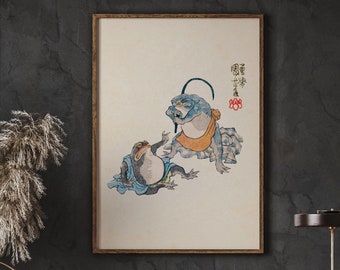 日本の蛙の版画、ミニマリストの侘び寂び墨絵アート（デジタル