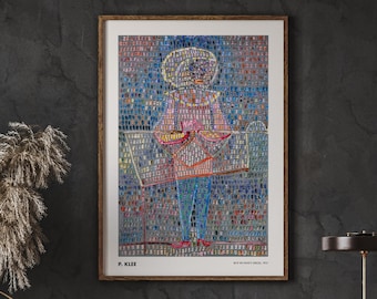 May include: A colorful mosaic artwork depicting a person standing with a halo. The artwork is framed and has the artist's name "P. KLEE" and the title "BOY IN DANCE DRESS" in the bottom left and right corners.