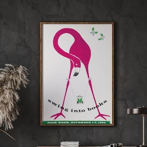Pink Flamingo Poster Print, Retro Animal Poster, Fun Prints, Gallery Wall Decor, DIGITAL DOWNLOAD