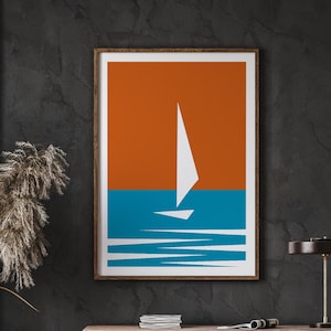 Sailboat Art Print, Retro Travel Poster, Minimalist Wall Art, Sunset, Sea Sailing, Beach House Decor, Home Decor,