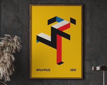 Bauhaus Running Man Print, Yellow Geometric Art (Digital Download)