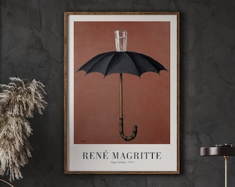 Rene Magritte Poster, Hegel's Holiday, Black Umbrella Coral Pink Neutral Wall Art, Surrelist Art Print, Vintage Wall Art, Instant Download