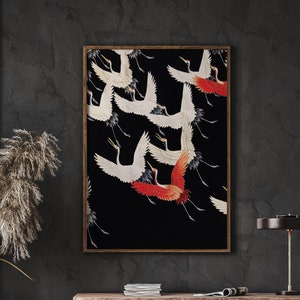 Cartel de pájaros voladores, grullas voladoras, cartel de animales vintage, galería de pared, arte de pared, impresión de arte oriental, decoración del hogar, descarga instantánea