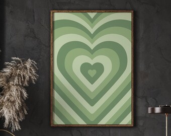May include: A digital download of a printable wall art print featuring a green and white abstract heart design. The heart is made up of concentric circles and lines, creating a retro, 70s vibe.