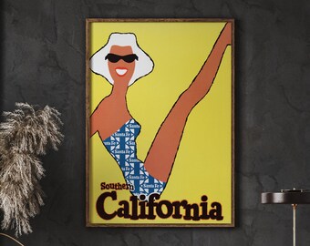 California Travel Poster Print, Retro Woman Art (Digital Download)